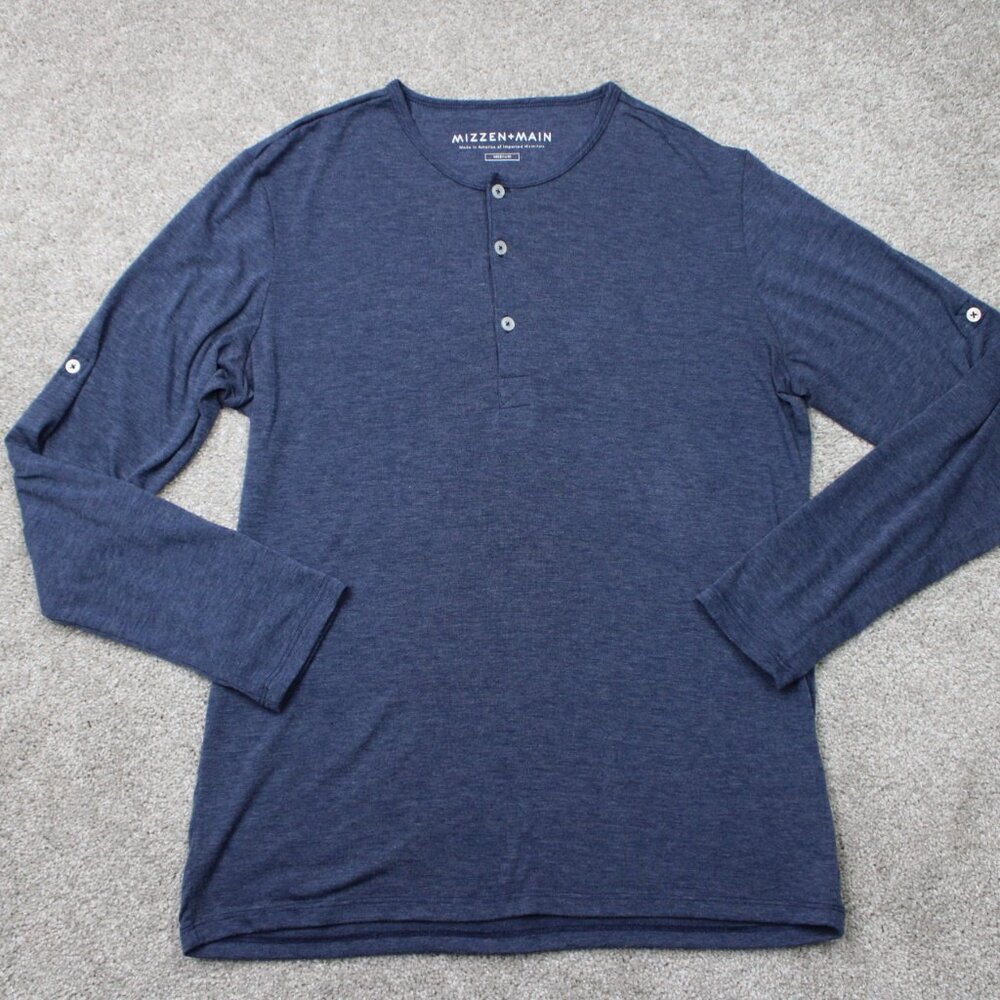 Mizzen+Main Shirt Mens Medium Blue Henley Roll Sleeve Stretch‎ Long Sleeve